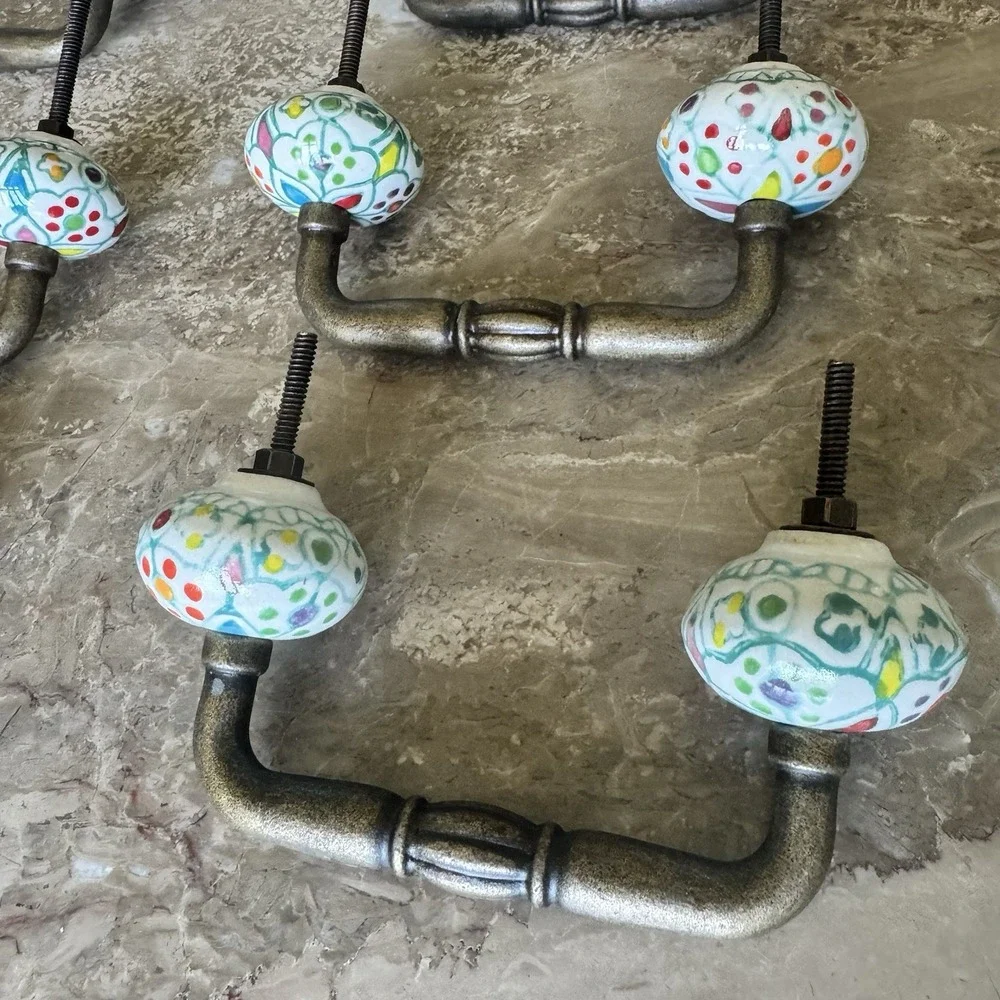 Lot 8 Hand Painted Ceramic & Brass Boho Colorful Cabinet / Drawer /Dresser Pulls